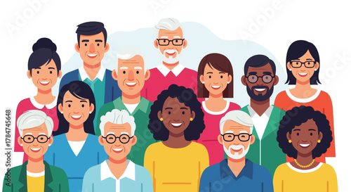 A diverse group of people smiling and looking at the viewer, representing community.