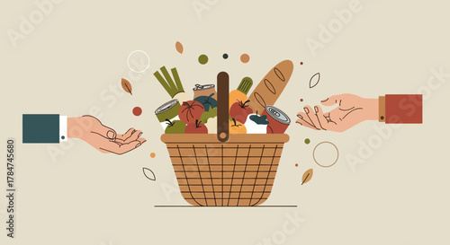 Vector illustration of a food donation basket with groceries being shared between two hands, symbolizing charity and support.