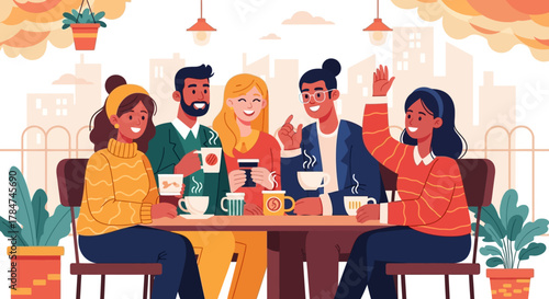 A diverse group of friends enjoying coffee and conversation at an outdoor cafe.