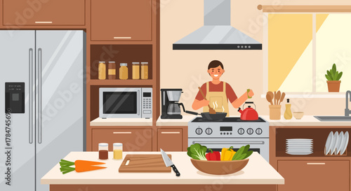 A happy man in an apron cooking a meal on a stove in a modern kitchen with fresh vegetables.