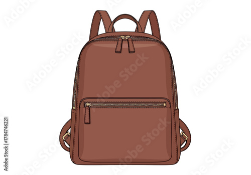 A brown leather backpack with gold zippers straps and a top handle is centered on a white background