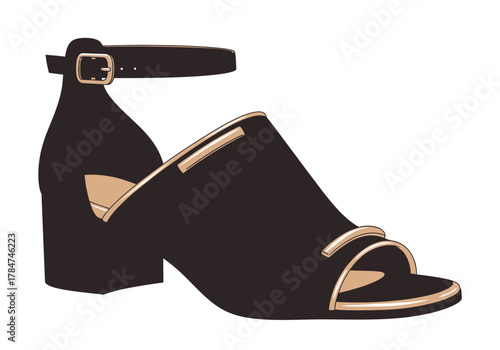 A dark sandal with a tan interior a buckled ankle strap and block heel is shown