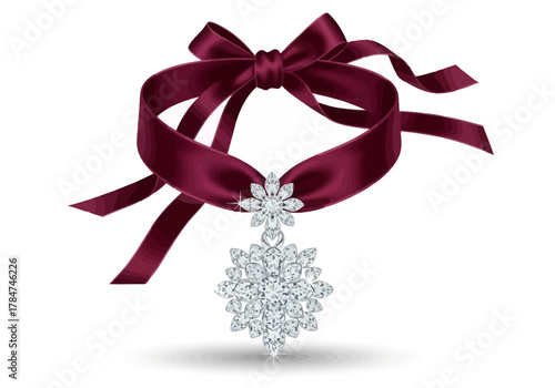 A dark red ribbon choker with a complex diamond pendant shadowed on a white backdrop