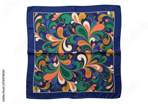 A navy blue patterned silk scarf with green gold and peach paisleylike designs bordered by a white frame