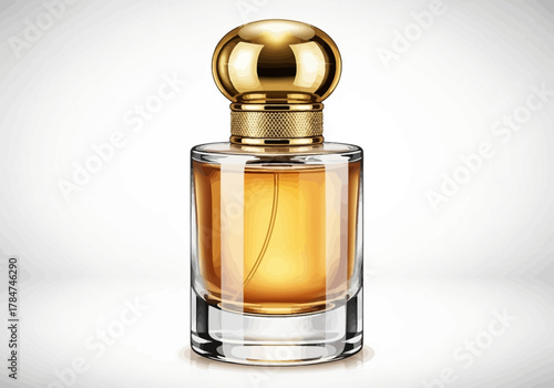 A perfume bottle filled with lightgold liquid featuring a large golden round cap atop its cylindrical transparent glass base