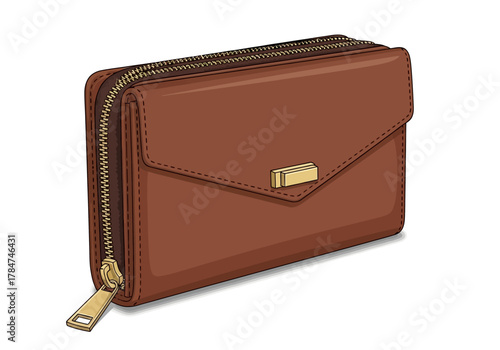 Brown wallet with gold zipper a rectangular gold clasp and visible stitching on the flap