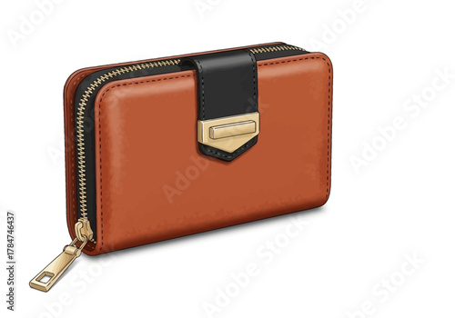 Closeup of a wallet with a black clasp brown leather and a gold zipper casting a small shadow