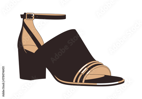 Dark brown sandalstyle heel with tan accents and an ankle strap