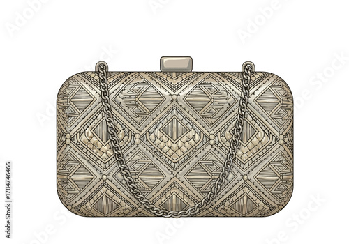 Detailed clutch bag with geometric patterns  chain straps silver tone