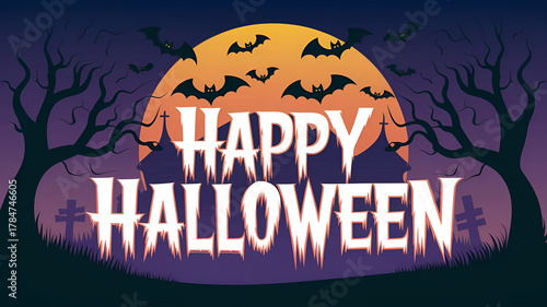 Highly detailed creative vector Halloween banner with happy halloween text black bats flying across an orange sky on a dark purple gradient background
