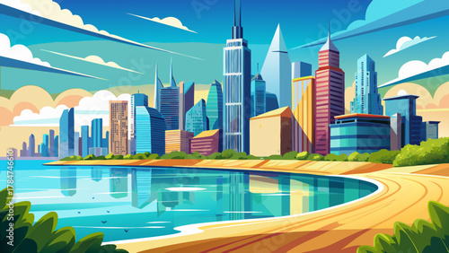 Very beautiful picturesque view of the Chicago skyline and sandy beach with sparkling Lake Michigan under a sunny sky, featuring bright reflections, modern skyscrapers, and a realistic vibrant waterfr