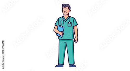 Full body illustration of a male nurse or doctor in green scrubs holding a clipboard and wearing a stethoscope.