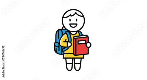 A simple cartoon illustration of a happy young schoolgirl holding a red book and wearing a blue backpack.