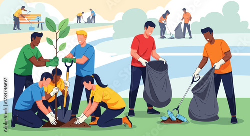 Diverse group of volunteers planting trees and cleaning up litter in a park, promoting environmental conservation and community service.
