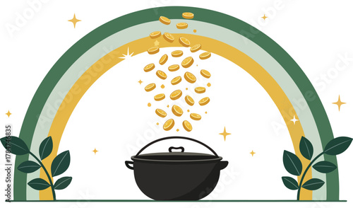 A vibrant illustration of a pot of gold at the end of a rainbow, symbolizing luck, prosperity, and good fortune. Perfect for St. Patrick’s Day designs, financial success concepts, motivational artwork
