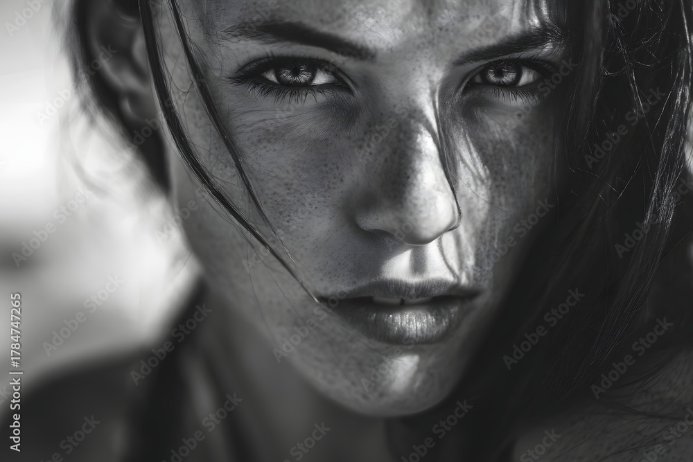 Fototapeta premium Dramatic close up portrait of a woman with intense eyes in black and white