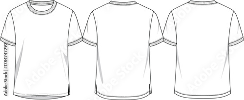 Basic T-shirt technical flat sketch, unisex apparel template for fashion design, front and back view, CAD drawing flat vector illustration for designers.