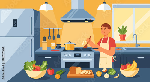 Man in an apron cooking a healthy meal in a modern kitchen with fresh vegetables and fruits on the counter.
