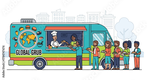 A diverse group of people are lining up to order food from a colorful food truck named "Global Grub" which offers international cuisine.