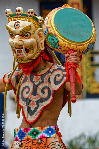 GANGTEY, BHUTAN, October 5, 2025 : Gangtey Tshechu masked dancer in Gangtey Monastery, a monastery of Tibetan Buddhism in central Bhutan.