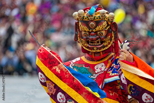 THIMPHU, BHUTAN, October 3, 2025 : Masked dancer at the Thimphu Tshechu, a celebrated religious festival and a vivid demonstration of Bhutanese spiritual traditions