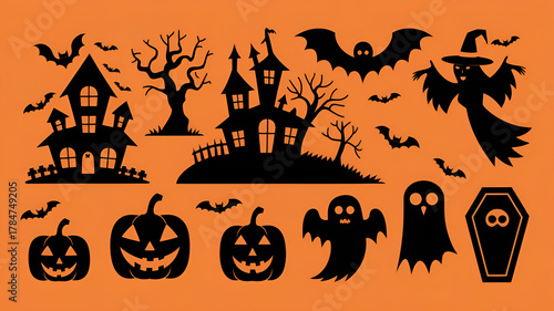 Highly detailed vivid vector collection of fifty Halloween silhouettes including haunted house witch ghost pumpkins tree owl and coffin on orange background
