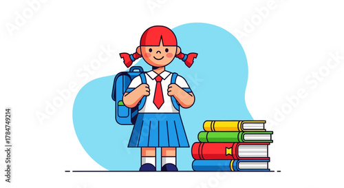 A cute cartoon schoolgirl with red pigtails and a backpack stands next to a stack of colorful books, ready for learning.