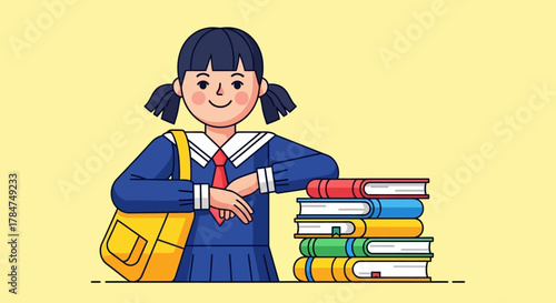 A smiling schoolgirl with pigtails, wearing a blue uniform, leaning on a stack of colorful books with a yellow bag.