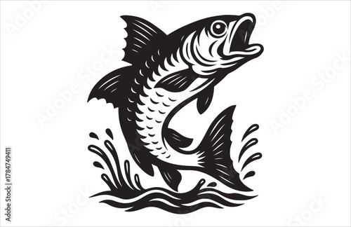 Vector illustration of a black and white tribal fish logo design, perfect for a tattoo, fishing, or ocean symbol