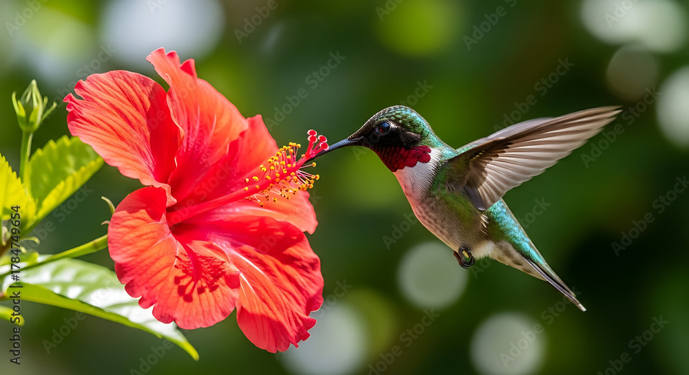 Fototapeta premium Ruby-Throated Hummingbird Feeds on Red Hibiscus Blossom in Summer Light