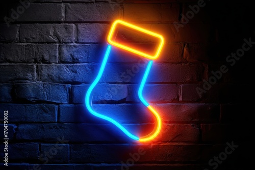 Glowing Neon Christmas Stocking on Brick Wall