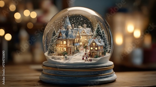 snow globe with miniature Christmas village inside,