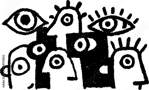 Silhouette drawing of abstract faces featuring distinctive eyes. This hand-drawn vector illustration showcases a unique artistic style in a set format.