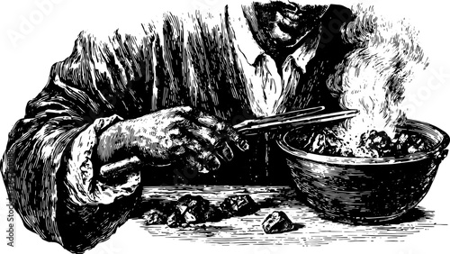 Antique engraving of a hand holding cutlery over a bowl. This vintage illustration features steam rising from the food, showcasing detailed vector art.