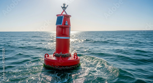 Fototapeta Naklejka Na Ścianę i Meble -  Red navigation buoy floating in the sea under the sun with clear blue sky