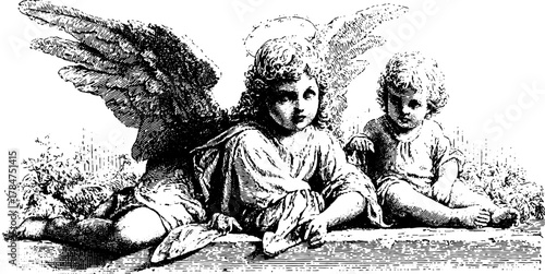 Vintage illustration of an angel and a child in black and white line engraving. A decorative vector art set that depicts tranquility and innocence.