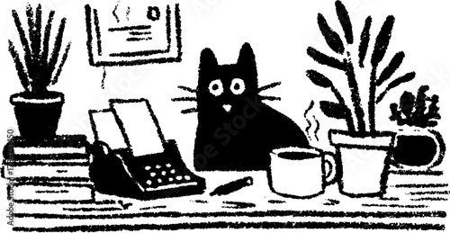Cat at a desk with plants and a coffee cup. Hand-drawn black and white vector illustration showing a cozy office set.