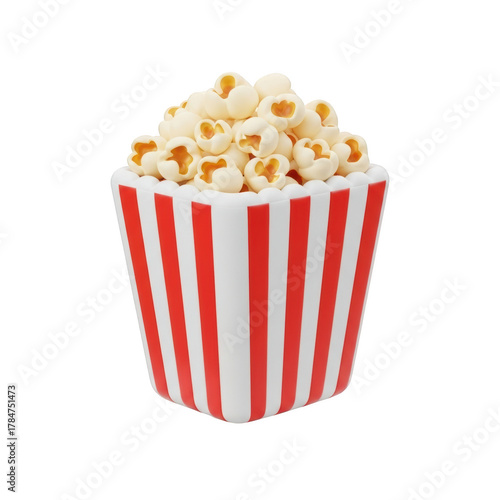 3D render of a bucket of popcorn with red and white stripes snack movie
