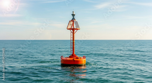 A bright orange buoy stands tall in the ocean under a clear blue sky
