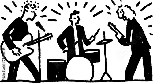 Band performance set featuring guitar, drums, and vocals. Simple black and white vector illustration showcasing musicians in an energetic style.