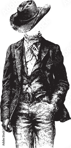 Cowboy with hat, suit, vest, and bandana in vintage western outfit. Detailed black and white vector illustration with classic engraving style.