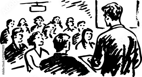 Presentation scene with a speaker addressing an audience. Simple black and white vector illustration illustrating a business meeting context.
