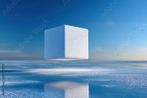 Floating Cube Above Serene Infinite Blue Ocean