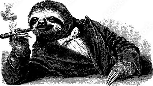 Dapper sloth smoking a cigar in vintage style. This whimsical vector illustration features a gentleman in a suit with artistic details.