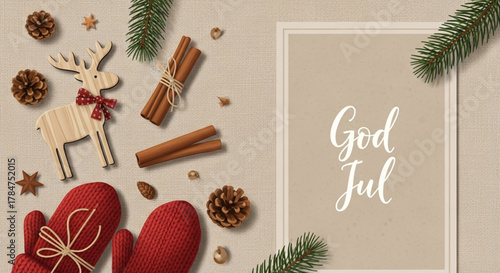 Hygge Scandinavian Cozy Christmas Greeting Card: Beige Linen, Wooden Reindeer, Knitted Mittens & Pine Cones Vector Illustration