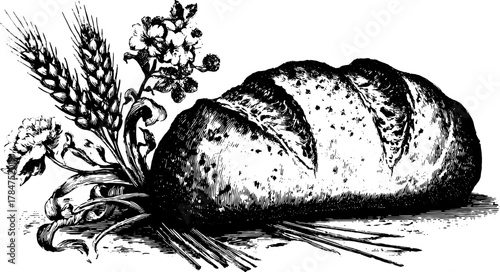 Bread engraving featuring wheat and flower elements. Detailed line drawing set in classic black and white vector illustration.