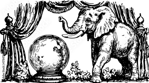 Vintage engraving of an elephant with a circular design. This detailed line illustration features a theatrical backdrop in a decorative set, perfect for art enthusiasts.