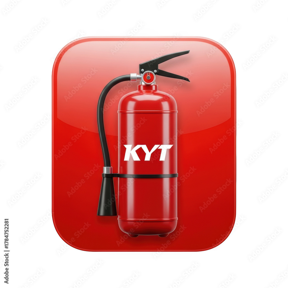 Obraz premium Red Fire Extinguisher Icon with KYT Logo on Glossy Red Rounded Square Background safety emergency