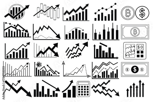 Business finance chart icons set with stock market growth, bar graph, crypto money and economy analytics symbols Set collection