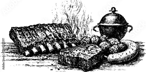 Vintage food illustration featuring meat, steak, and sausages on a platter. Detailed black and white vector set showcasing traditional cooking items.